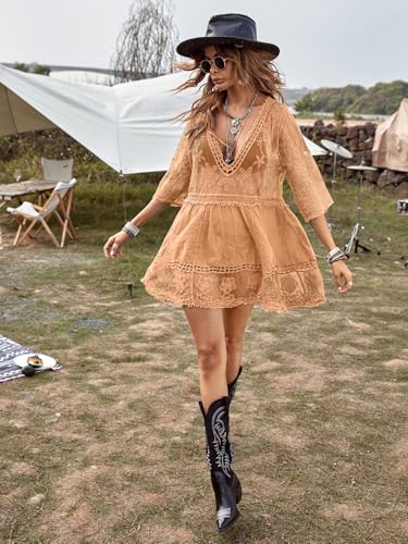 Image of Eomenie Women's Contrast Lace Bathing Suit Cover Up V-Neck Swimsuit Coverups Loose Swimwear Beach Dress Beachwear