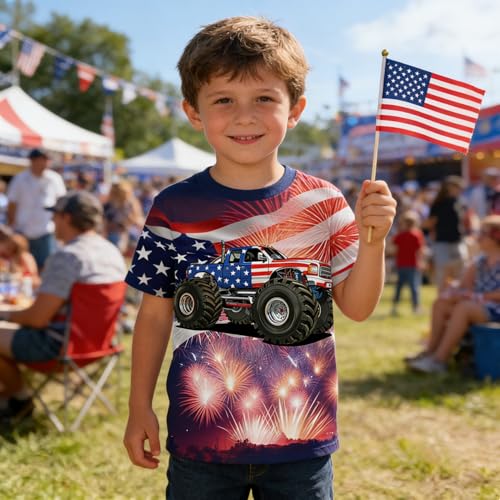 Image of Boys 4th of July Shirt American Flag Tshirt for Kids USA Flag Outfits Toddler Patriotic Tee Monster Truck Top T-Shirt 3-10T