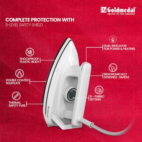 Image of Goldmedal Neo 1000W Faster Heating Dry Iron| 5- Fabric Setting | Thermal Fuse for Additional Safety| 1.8 Meter Cord Length|30 Months Warranty (White)