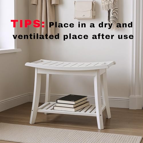 Image of Bamboo Shower Bench Stool,24 inch Shower Chair Seat Non-Slip,Waterproof Bathroom Bench with Storage Shelf for Adults,Elderly, Disabled Indoor&Outdoor Use (White)
