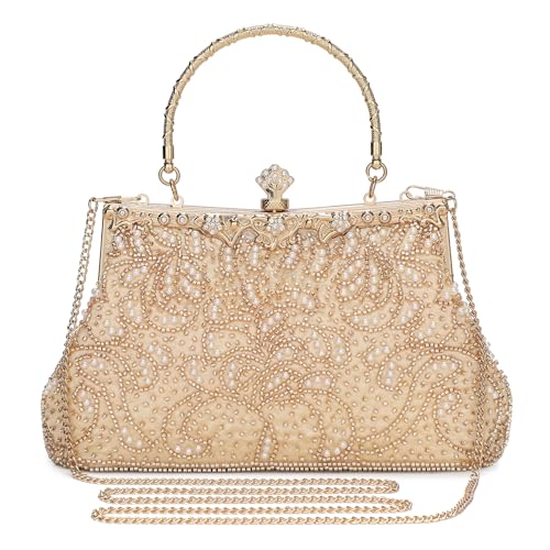 BAIGIO Clutch Damen 1920S Vintage Tasche Handtasche Vintage Perlen Tasche Champagne Abendtaschen Damen Clutch Tasche mit Perlen Brauttasche Elegant Handtasche Umhängetasche für Party Hochzeit
