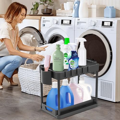 Miniatura 6 de Rylae Estantería Bajo Fregadero, 2 Niveles Organizador Extraíble Estante Almacenamiento Debajo Fregadero, Organizador Bajo Fregadero Cocina, Estanteria Cocina, Para Baño Cocina Blanco