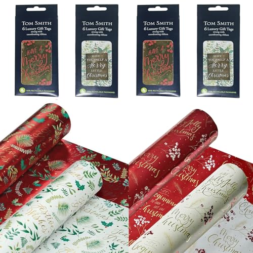 Tom Smith Christmas Wrapping Paper 4 x 4M Rolls Gift Wrap and 24 matching Gift Tags (Red Gold and White - 3180)