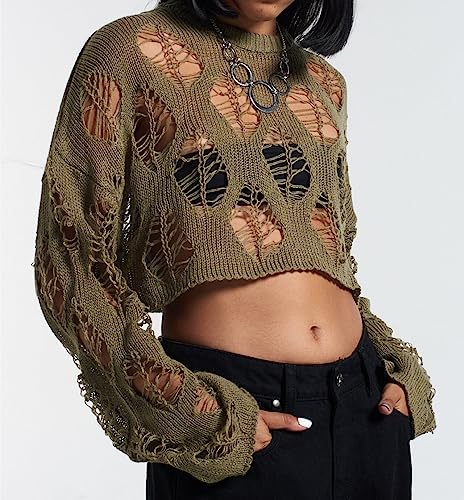 Image of Women Gothic Sweater Hollow Out Ripped Knit Pullover Punk Hole Sexy Slim Fit Cutout Long Sleeve T Shirts Top