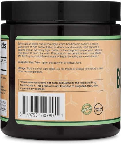 Blue Spirulina Powder - Maximum 35% Phycocyanin Content, Superfood Powder from Blue-Green Algae, Mixes into Smoothies and Protein Drinks, Plant Food Coloring (One Month Supply) by Double Wood