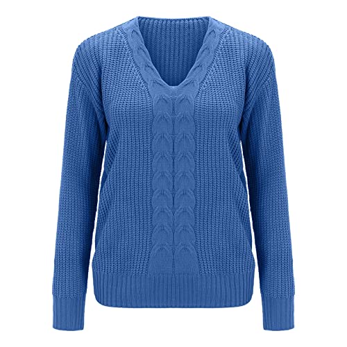 QUINTRA - Pull à manches longues pour femme et hiver, couleur unie, col en V, coupe ajustée, tendance, pull top haltère, bleu, S