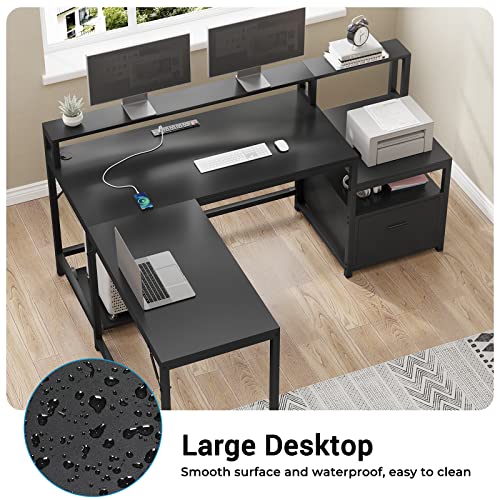 Sedeta L Shaped Desk, 66" Computer Desk With File Drawer & Power Outlet, Corner Desk With Hutch, Monitor Shelf And Printer Storage Shelves, Study Writing Desk Workstation For Home Office, Black #TOP5