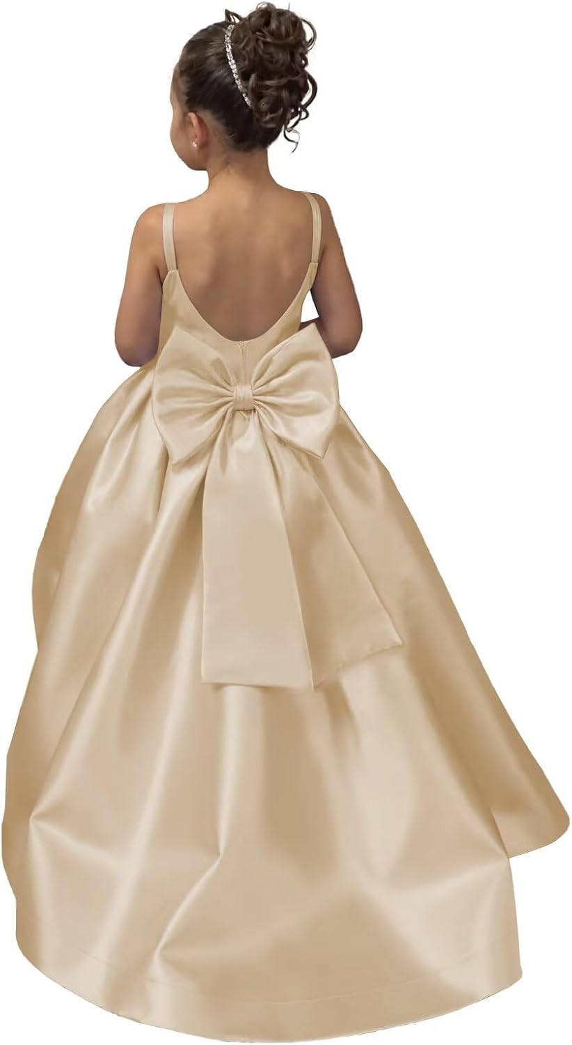 Satin Flower Girl Dress for Wedding Bow-Knot Pageant Dresses Floor Length Formal Ball Gown for Girls