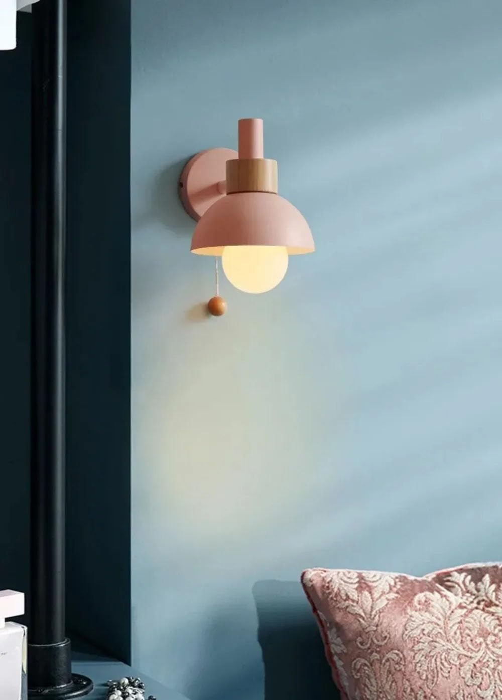 KXEcoLife Industrial Wall Sconce with Pull Cord Switch, E27 Base Hardwired Lamp for Bedside, Living Room, Metal Lighting Fixture(Pink)