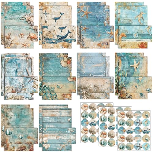 Image of TaoBary 160 Pcs Stationery Paper Bulk 50 Double Sided Stationery Papers with 50 Matching Envelopes and 60 Round Dot Sticker, 10 Design (Ocean,8.5 x 11 Inch)