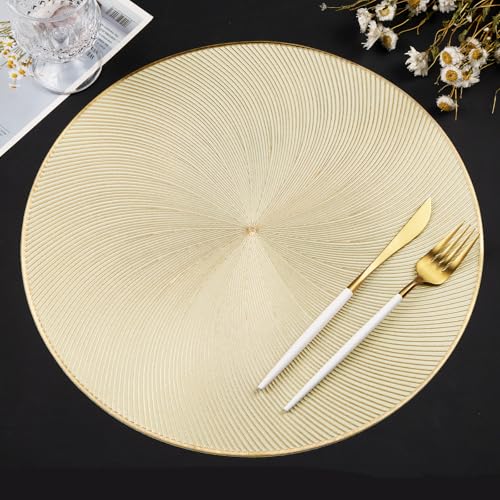 Gold Round Placemats Set of 6, 15 Inch Vinyl Place Mats Waterproof Heat Resistant Non Slip Washable Table Mats for Dinner Party Table Decoration