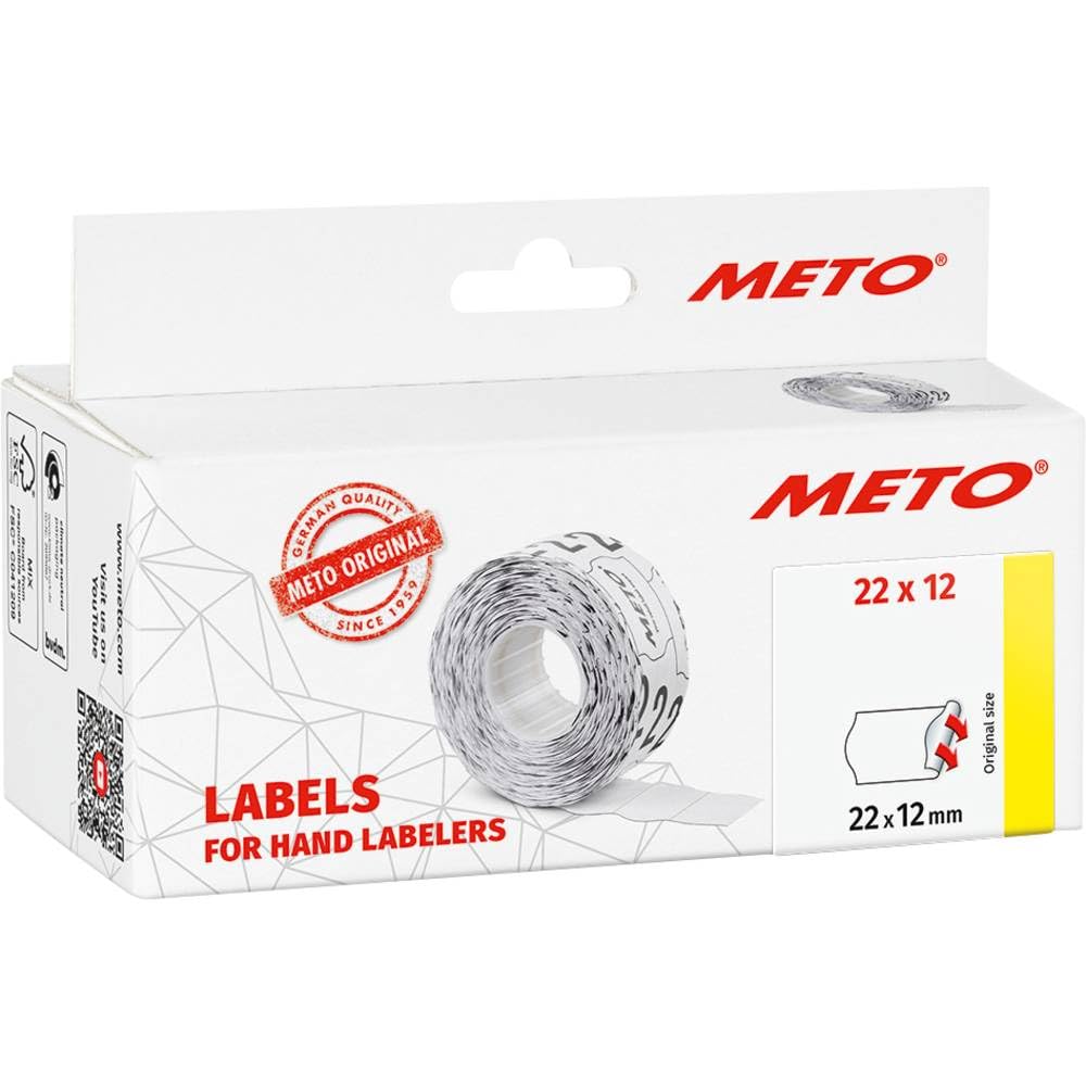 Meto Étiquettes pour étiqueteuse manuelle, réf. 9506155 (22 x 12 mm, 1 ligne, 6000 étiquettes, adhésives permanentes, pour appareils Meto, Contact, Sato, Avery, Tovel, Samark etc.) 6 rouleaux, papier