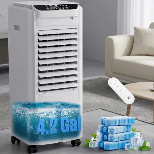 Image of YEW Evaporative Air Cooler,1800CFM Swamp Cooler Air Conditioner with 4.2 Gal Tank,Windowless Swamp Cooler with Remote,3 Speeds,12H Timer,Fans that Blow Cold Air for Bedroom Indoor Office,White