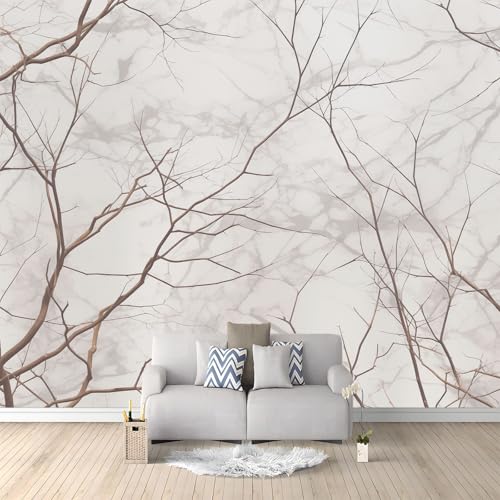 Papel Pintado Efecto 3D, Gris Claro Papel Pintado FotografíA Mural con Simple Planta Rama De Árbol Motivo, 250 x 175 cm Moderna Murales Decoración para SalóN Dormitorio Oficina