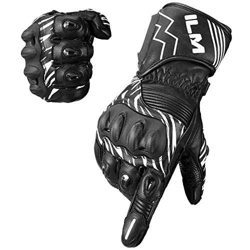 ILM Leather Motorcycle Gloves Winter Riding Gauntlet for Men Women Powersports Racing Gloves (Black White, XL)