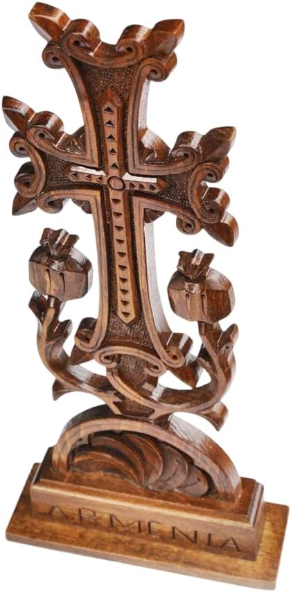 Armenian Cross, Walnut Wooden KHACHKAR Cross for Desk Armenian Pomegranate, Armenian Souviner (Dark Brown)
