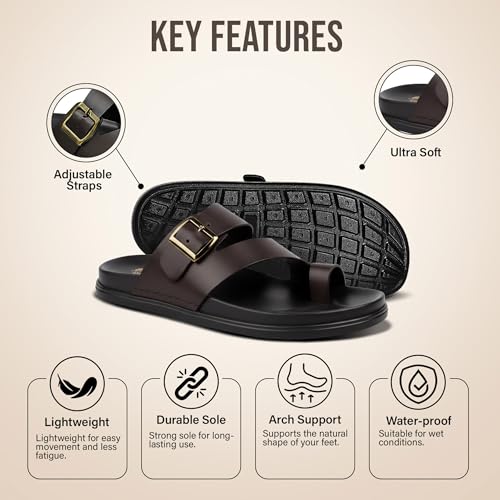 Image of BRUTON Men's STRIVO-1141 Wedge Sandals | Adjustable Buckle Toe Ring Comfort Sandals | Lightweight Cushioned Footbed | Anti-Slip Casual Outdoor & Daily Wear Footwear | Black