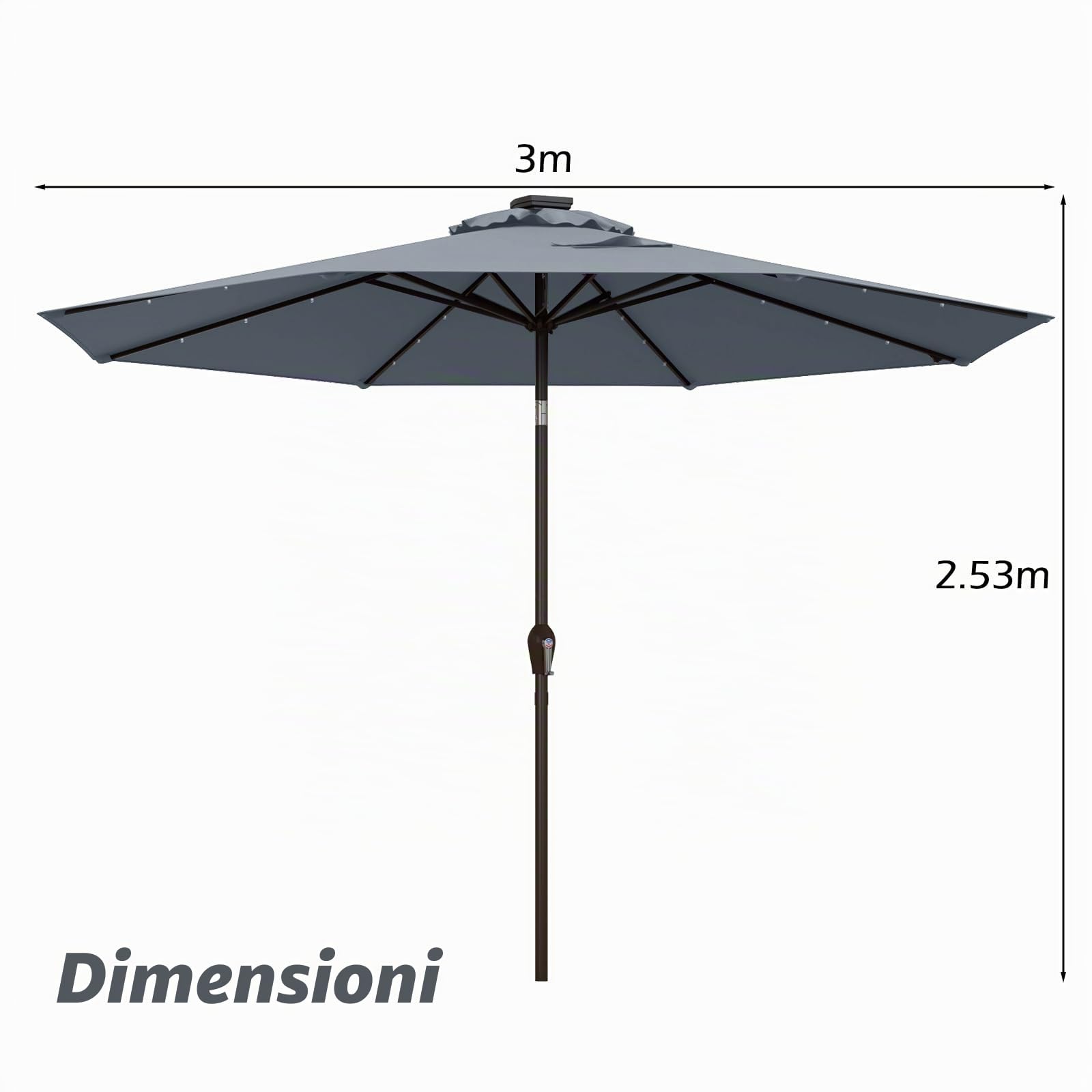KOMFOTTEU Ombrellone da Giardino 3m, con Luci LED e Manovella, Ombrellone da Balcone Inclinabile Protezione UV, Ombrellone Parasole da Cortile con 8 Osse, per Terrazza, Spiaggia, Piscina