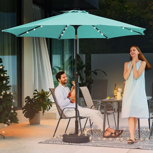 Image of JEAREY 9FT Outdoor Patio Umbrella with Solar Lights, LED Lighted Pool Umbrella with Tilt and Crank, Outdoor Table Umbrellas for Deck, Yard & Market (Teal)