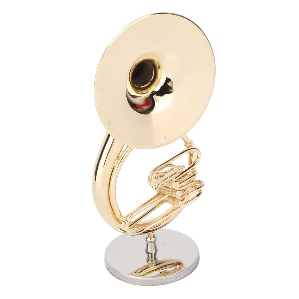 Cyrank Sousaphon-Modell-Ornament, Metall-Musikinstrument-Modell Sousaphon-Display-Ornament mit Ständer und Gehäuse Miniatur-Musikreplik-Dekoration