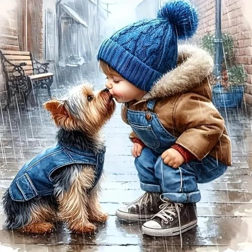 Image of Boy Stamped Cross Stitch Kits for Adults Beginner,Dog Counted Cross Stitch Kits Printed Stitching Cute Patterns Dimensions Needlepoint Art Crafts Embroidery Kits for Adults Beginners (13.7x13.7 inch)