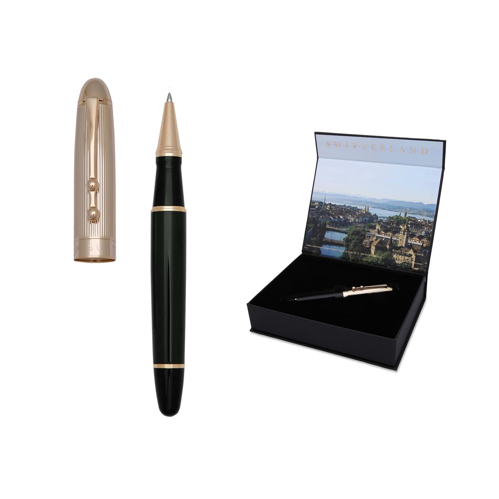 Piguet Genève – Luxury and Ergonomic Fountain & Rollerball Pen – Sigma Series – German Bock Medium Nib, Gold Trim, Blue Ink – Gift Boxed with Universal Refill and Converter (Rollerball Pen, I'Doré)