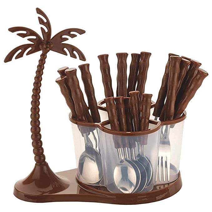 Portible Antique Cutlery Set for Dining Table with Stand / 24 Piece Stainless Steel Plastic Set- 6 Spoons, Tea Forks, Dessert Spoons (Multicolor)