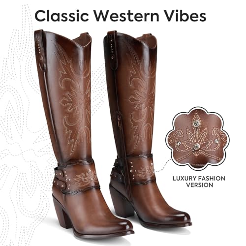 Rollda Cowboy Boots for Women, Cowgirl Boots Knee High, Ladies Tall Western Boots Rounded Toe Chunky Heel Pull on Zipper for Country Concert Party Nashville Outfit Women Boots4
