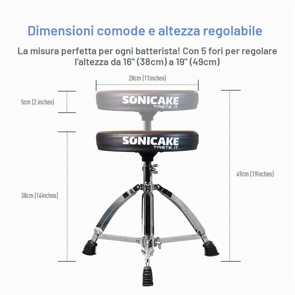 SONICAKE sgabello per batteria regolabile in altezza pieghevole con sedile di tamburo imbottito antiscivolo nero
