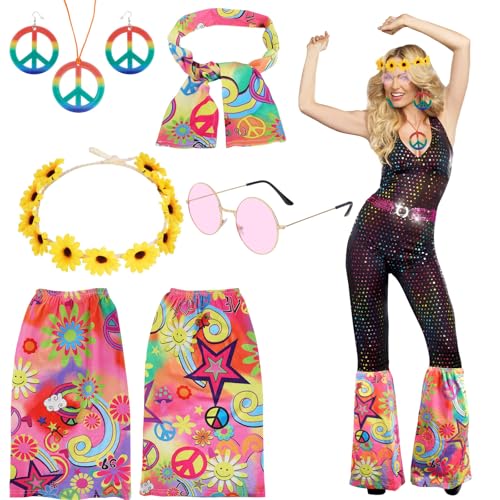 KMFYMPT 6 peças acessórios hippie mulher, disfarce hippie mulher, hippieCostume Set, inclui óculos vintage e colar de paz, adequado para reuniões temáticas, festas e bailes de graduação