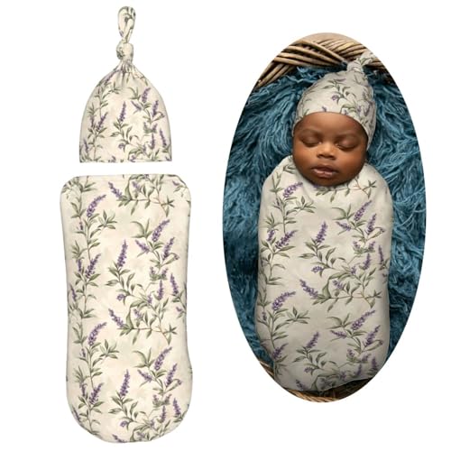 Image of Vintage Lavender Florals Ornament Newborn Swaddle Blankets Hat Sets Soft Baby Receiving Blanket Swaddle Sack for Baby Shower Infant Boy Girl Gift