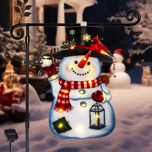 amadecohome Lighted Christmas Garden Flag 28x40, 8 Modes Double Sided Solar Christmas Decorations Outdoor LED Navidad Flag, Yard Decorations for Xmas Patio Lawn Porch (Small Snowman Warm White 28x40)