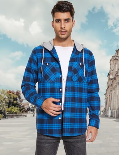 Image of MAGCOMSEN Men's Plaid Hooded Jacket Flannel Shirts Long Sleeve 4 Pockets Casual Button Down Shirts