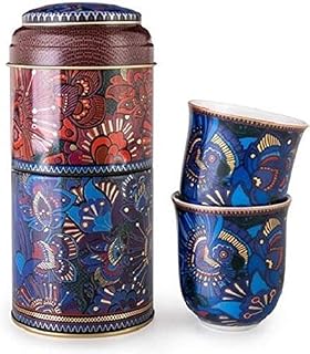 Images d'Orient Kashmir Tin Box Gift Set – 2-Level Tin with 2 Porcelain Coffee Cups (3oz/90ml), Microwave & Dishwasher Safe