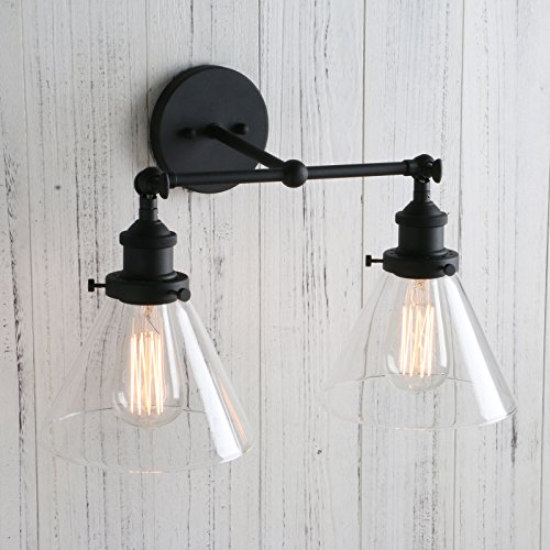 Image of Industrial Double Sconce 2-Lights Wall Sconces with Dual Funnel Clear Glass Shade Wall Sconce for Mirror Hallway Bedroom, Hardwired, E26 Base (Black)