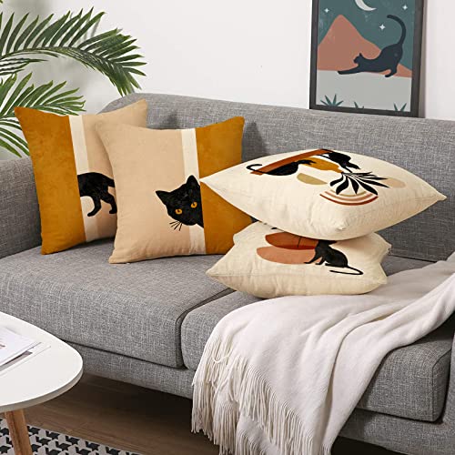 Ussap Boho Abstract Cat Plant Sunset Decorative Throw Pillow Covers Set Of 4, Minimalist Art Aesthetic Pillowcase Decoration, Bohemian Modern Sofa Couch Cushion Case Home Decor 18X18 #TOP3