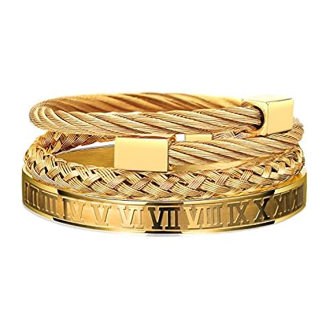 WFYOU 3PCS Stainless Steel Bracelets for Men Gold Roman Numeral Bangle Bracelet Twisted Cable Bracelet Adjustable Cuff Bracelet Mens Luxury Jewelry Bracelets Gifts, Metal, stainless-steel Cover