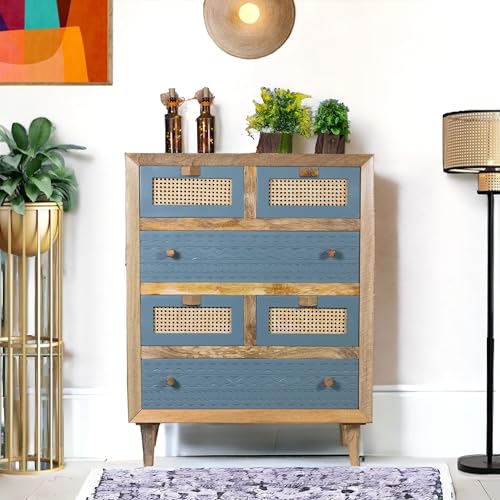 Image of Solid Wood Luffy Chest of Drawer | Dresser with 6 Drawers | Wooden Chest of Darwers | Chest of Drawers with Cane /Rattan | Finish- Grey and Natural