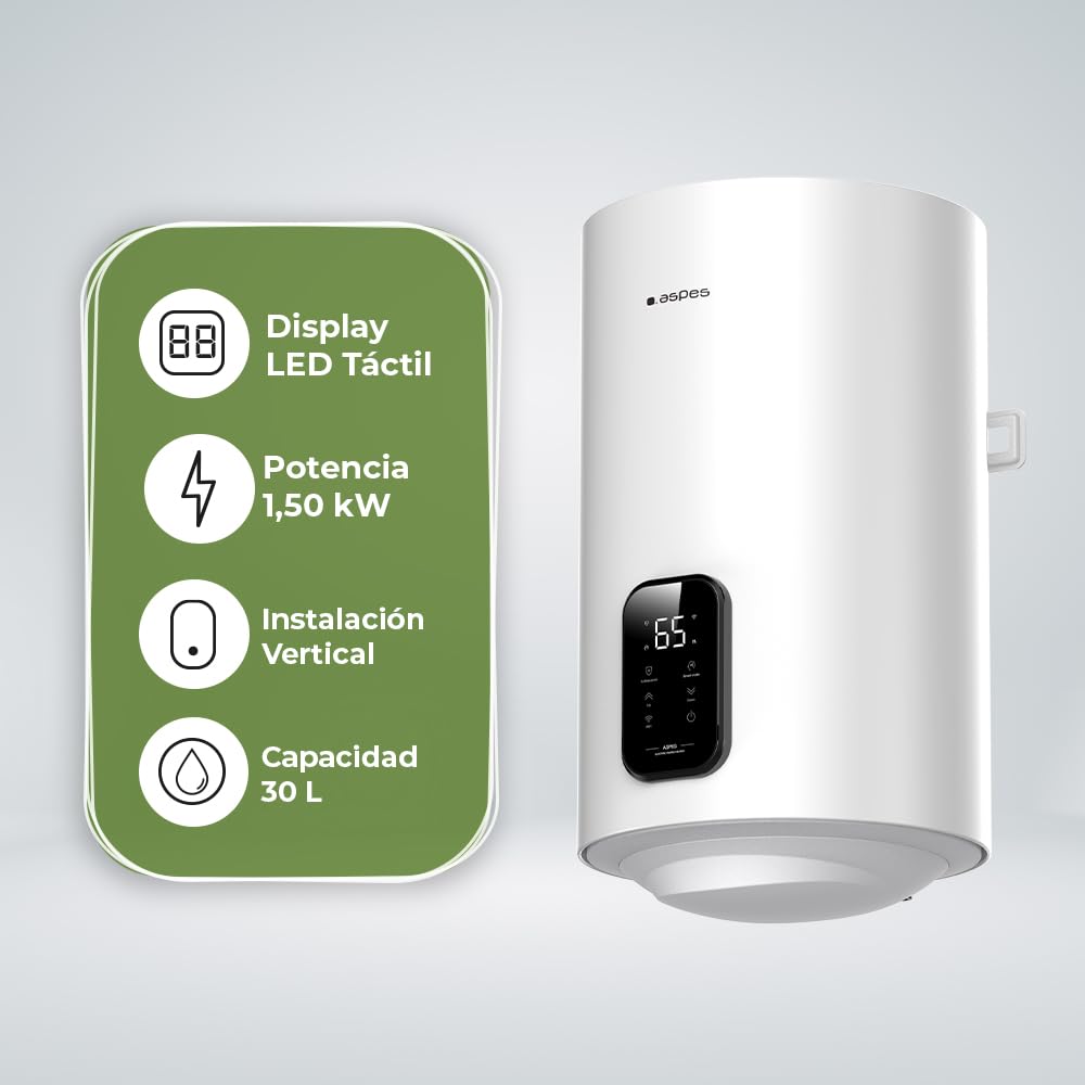 Aspes Termo Eléctrico 30 Litros, AT3000SDW. 1500W, Kit de Montaje Incluido, Resistencia de Acero Esmaltado, Termostato Digital, Temperatura Máx 93 º, Blanco, Eficiencia Energética Clase B
