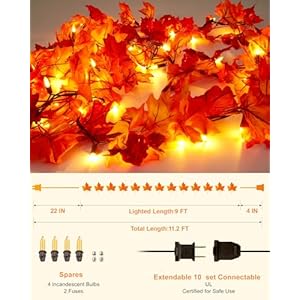VCOKEN 11FT Fall Garland With Lights - 50 Bulbs Connectable Maple Leaves With Pumpkin, Plug-in Decor for Outdoor Indoor Halloween Thanksgiving Holidays VCOKEN 11FT Fall Garland With Lights 50 Bulbs Connectable Maple Leaves With Pumpkin Plug in Decor for Outdoor Indoor Halloween Thanksgiving Holidays
