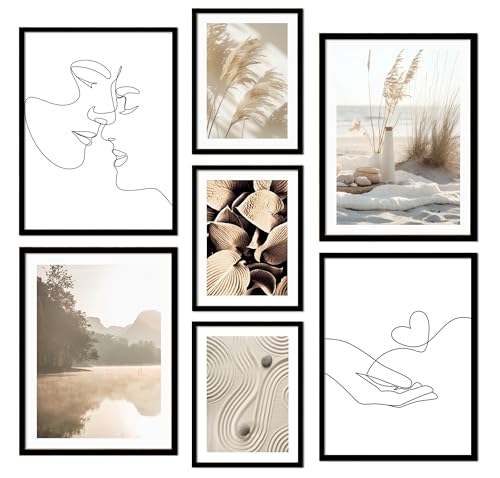 ag.art deco Quadri Moderni Soggiorno con Cornice Nera | Set di 7 Poster da Parete | Quadri Camera da Letto o il Soggiorno | Stampe da Parete (Stile Boho)