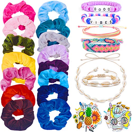 BOKIN PrePiece VSCO Girl Stuff Set 35Pcs Stickers 15 Pcs Velvet Fabric Hair Scrunchies kit Choker Shell Necklace Friendship/Pony Bead/Wax String Bracelet Suitable for Sharing to Friends, Hydro Flask