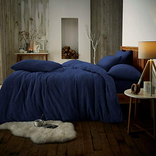 CT New Teddy Sherpa Fleece Luxurious Duvet Cover Sets Quilt Cover Sets Super Soft Warm Cosy Teddy Bear Fleece Bedding Sets (Navy, Double Duvet Set)