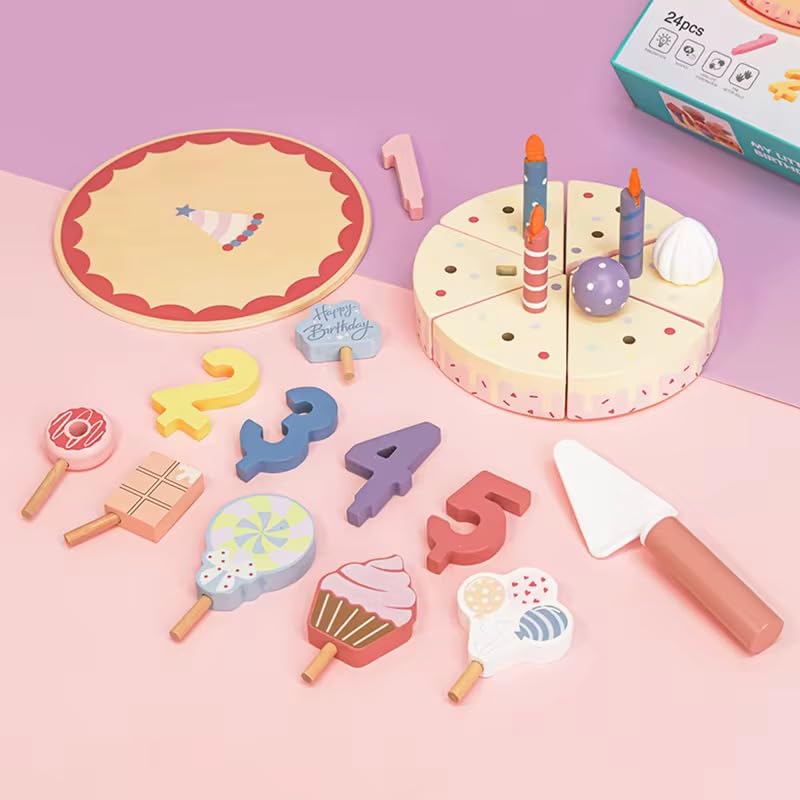TOYARTSY Birthday Cake Cutting Playset for Kids | 24 Pcs Pretend Play Kitchen Toy | Educational Role Play Set with Candles, Fruits, Numbers & Knife | Fun Birthday Party Toy for Girls & Boys 1