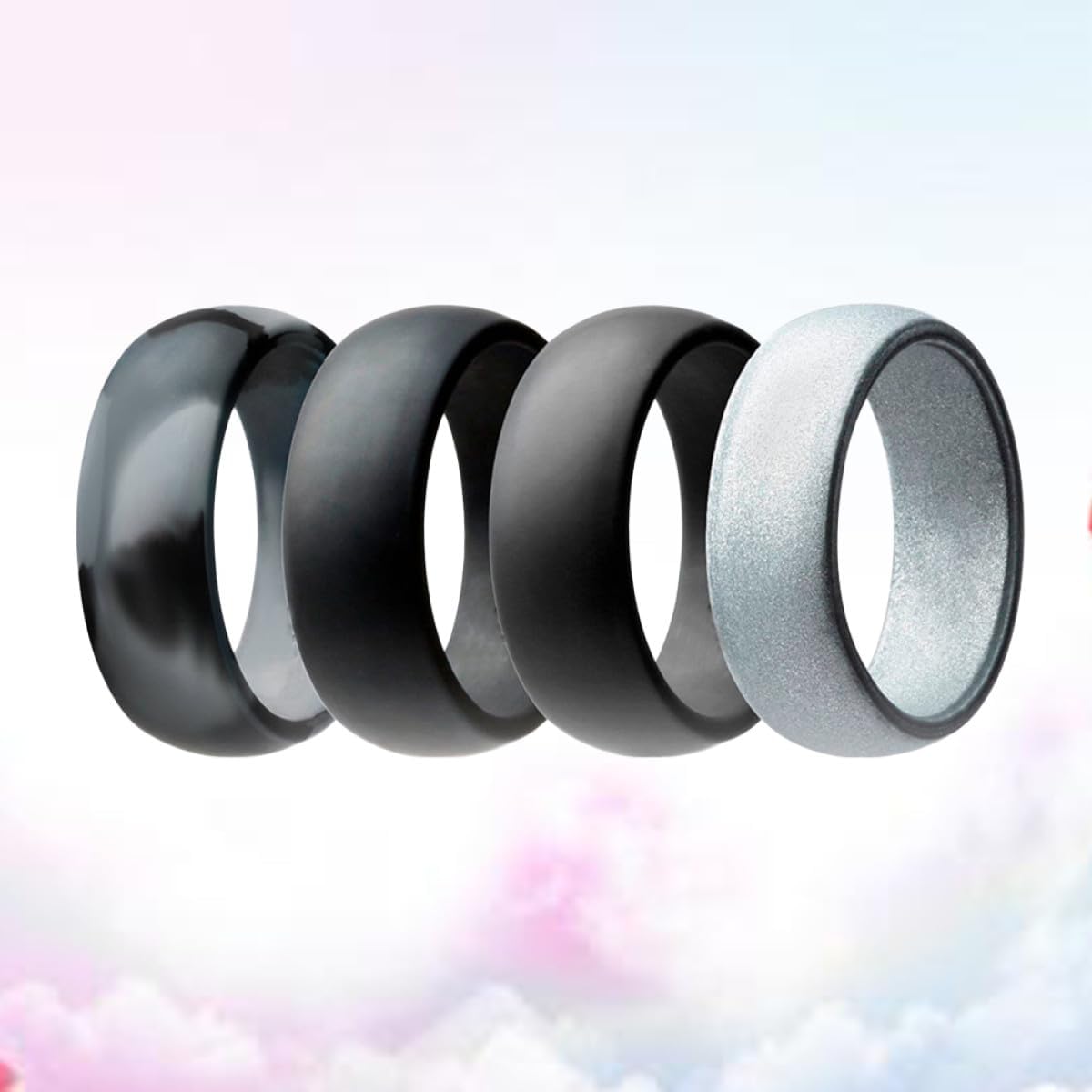 4Pcs Silicone Wedding Rings Set 8Mm Wide Sports Bands for Women Men, Unisex Gym Rings in Camo Grey Black Dark Grey Silver, Size 10 for Workout and Everyday Wear