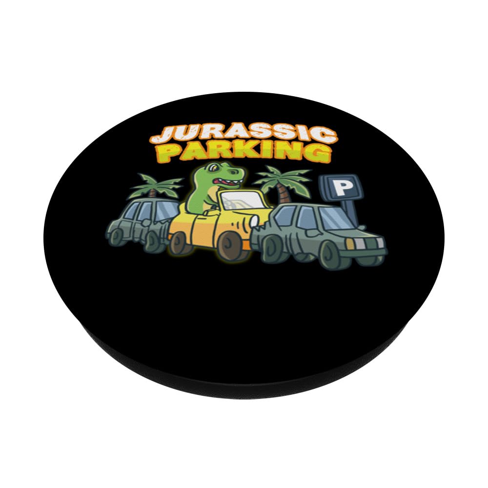 Jurassic Parking Lot T-Rex Dinosaur Kids Geek Driving Car PopSockets Swappable PopGrip, Black - Image 2