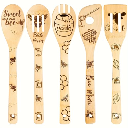 Image of 5 Pieces Bamboo Bee Spoons Cooking Utensils, Honeycomb Engraved Kitchen Tool Accessories Set, Honey Spatula Christmas Birthday Wedding Favor Gift