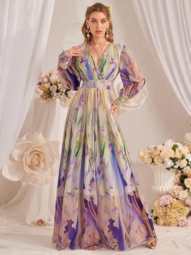 Image of TOLEEN Summer Casual Dresses for Women 2024 Spring Fashion Boho V Neck Long Sleeve Ruffle Floral Print Elegant Maxi Dress