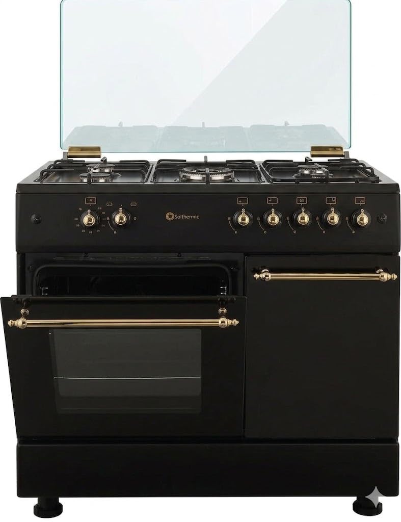 PACK COCINA A GAS F9LT50G2 PORTABOMBONA NEGRA RÚSTICA + CAMPANA DECORATIVA NEGRA RÚSTICA/ANCHO 90 CM/FUEGOS CON ENCENDIDO AUTOMATICO/HORNO 64 L.