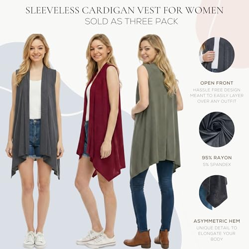 Image of Azules Sleeveless Cardigan for Women, Soft Lightweight Duster Open Front Sleeveless Long Cardigan Vest (3 Pack)